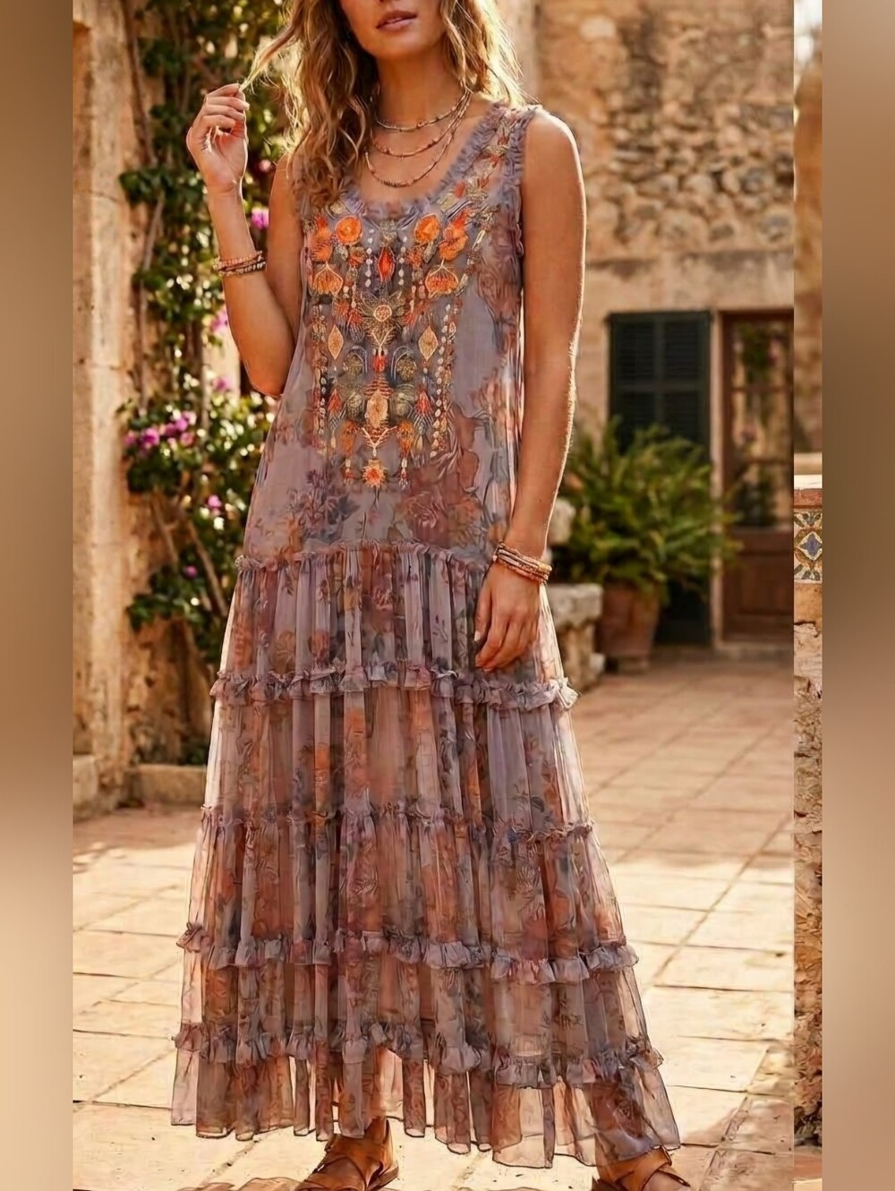 Biya Johnny Was Merkava Mesh Floral Embroidered Maxi Dress